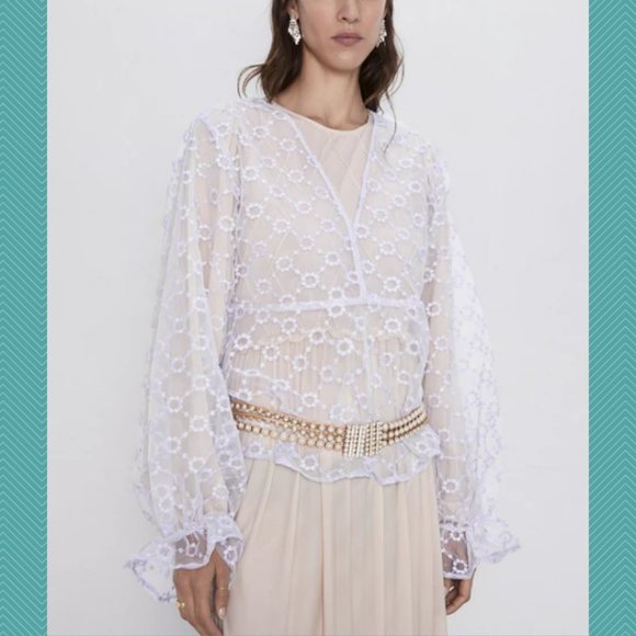 Zara Lilac Mesh Floral Embroidered Sheer Blouse - Picture 1 of 5